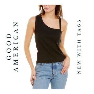 1053. GOOD AMERICAN ASYMMETRICAL RIB TANK SIZE 0 (XSMALL) BLACK‎ IN COLOR